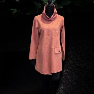 Apsara Organic Cotton Asymmetrical Coral Long Sleeve Dress Cowl Neck Leaf Design